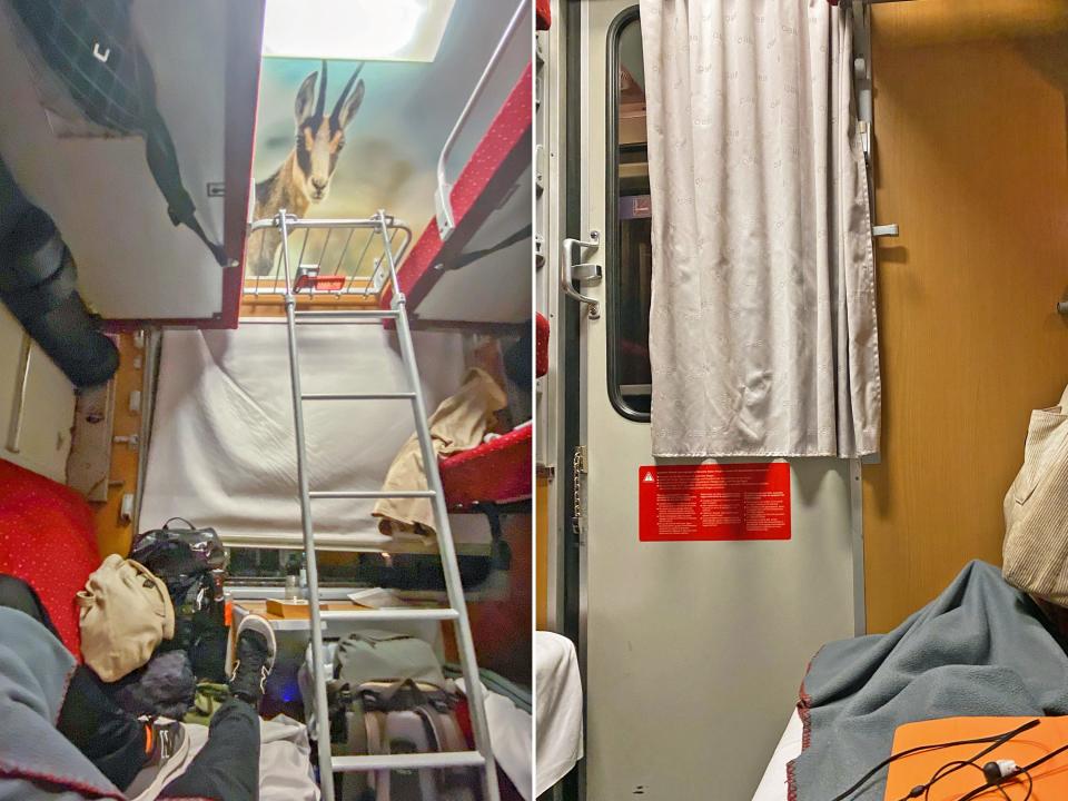 The author's shared sleeper cabin on an overnight train from Austria to Italy.