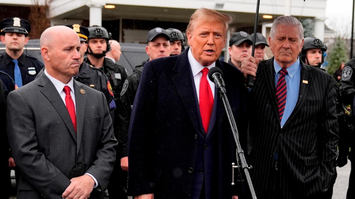 PHOTO: Former President Donald Trump speaks during a news conference after attending the wake of New York City police officer Jonathan Diller, on March 28, 2024, in New York.  (Frank Franklin II/AP)