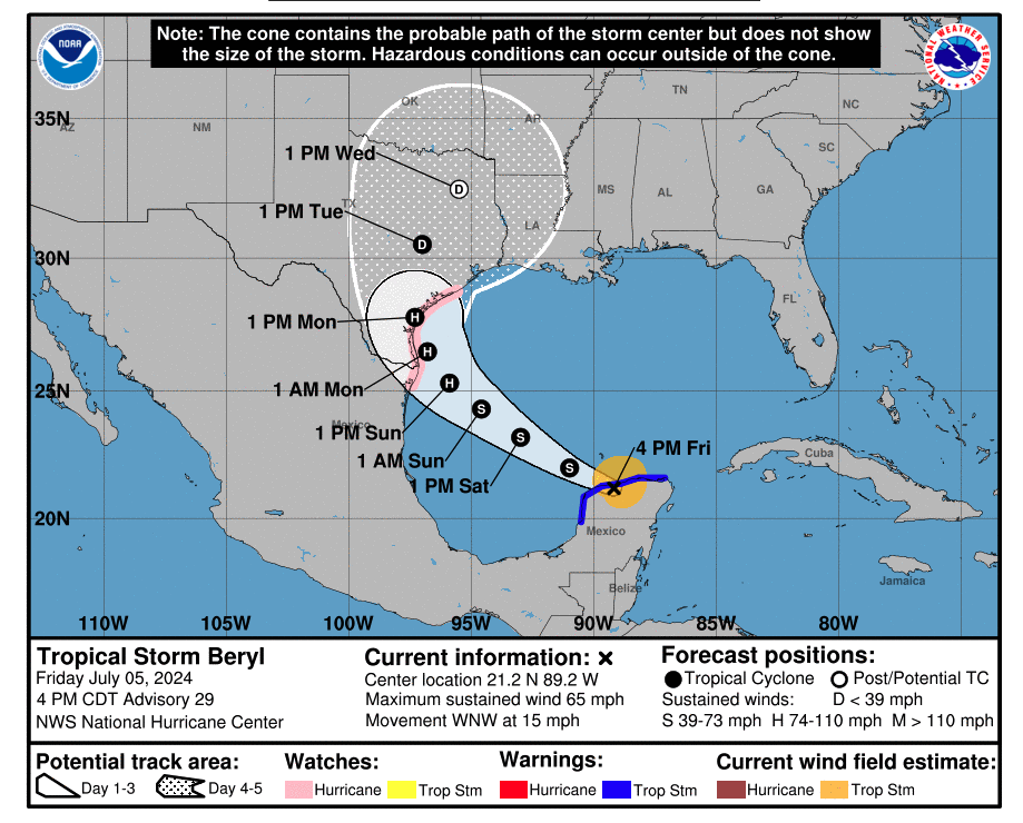 Esta es la posible trayectoria que seguiría Beryl en los próximos días, según el pronóstico del Centro Nacional de Huracanes de EEUU. (NOAA)