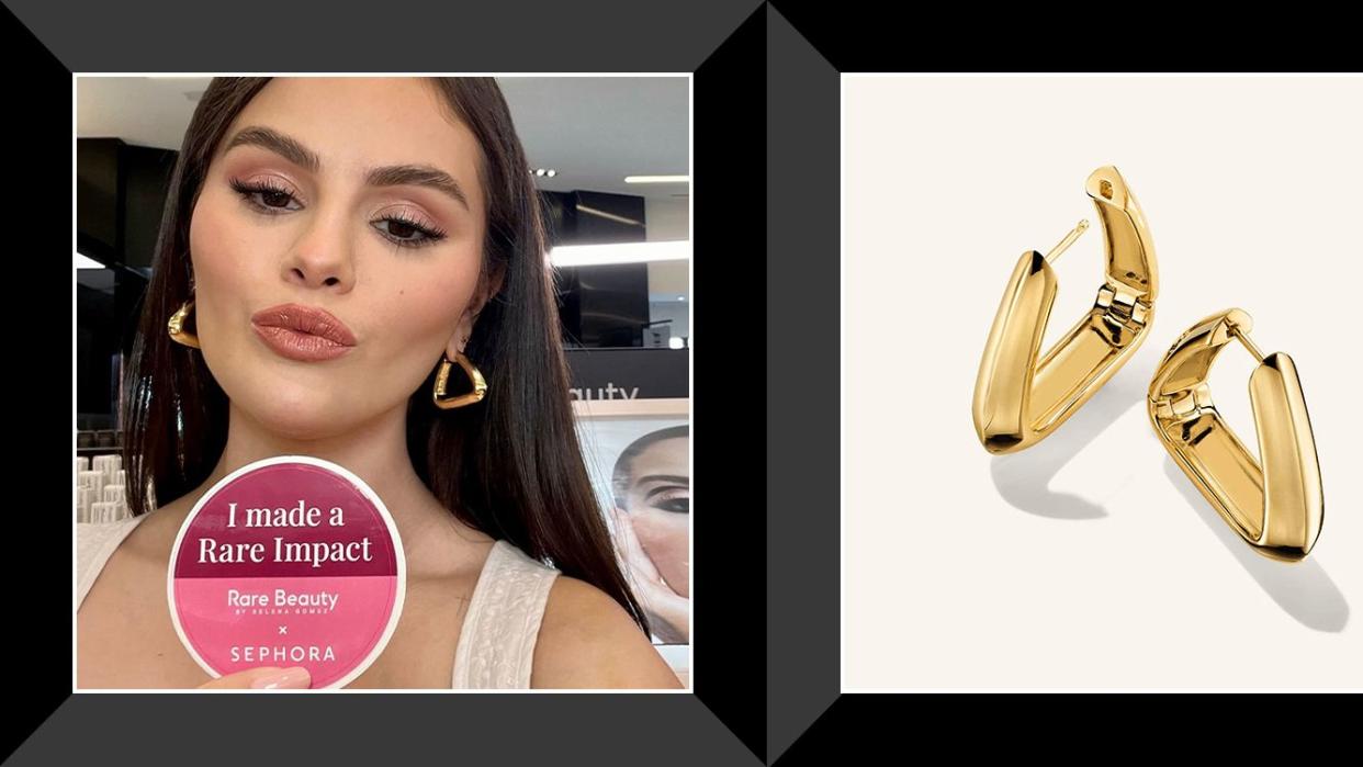 selena gomez with a rare beauty x sephora sticker wearing gold mejuri hoops