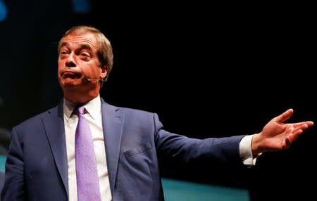 Brexit Party leader Nigel Farage speaks at an event in Southport