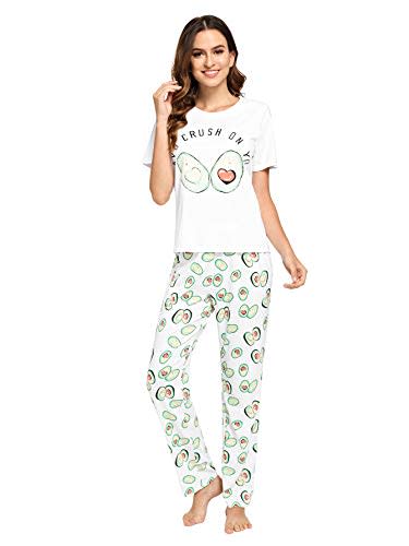 DIDK Women's Cartoon Print Tee and Pants Pajama Set White Avocado