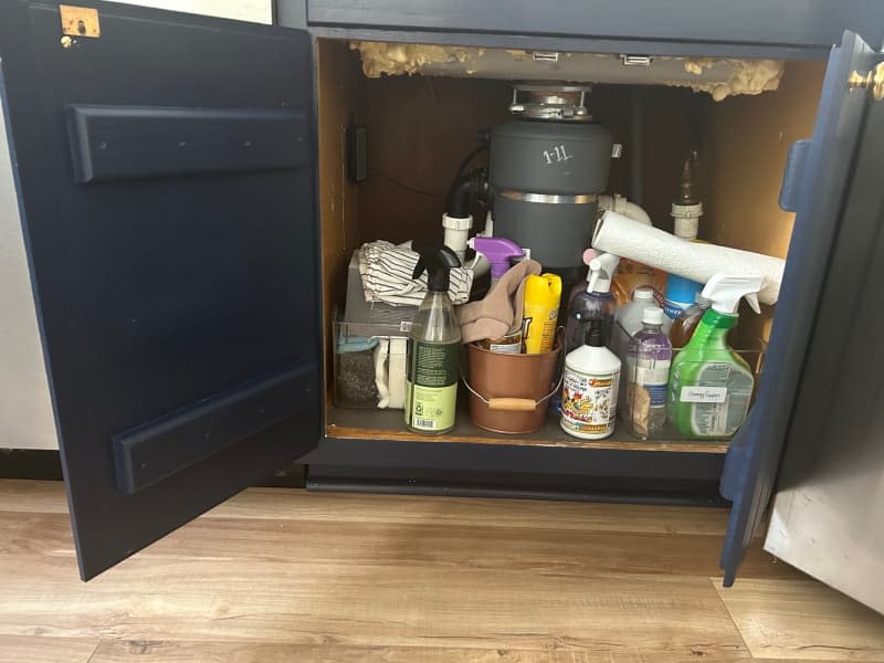 under sink with assorted cleaning supplies