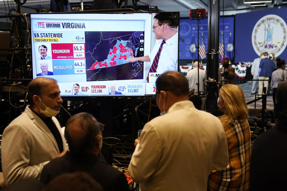 Supporters of Democrat Terry McAuliffe watch vote reports at an election party in McLean, Va., Tuesday, Nov. 2, 2021. Voters are deciding between Democrat Terry McAuliffe and Republican Glenn Youngkin. (AP Photo/Steve Helber)