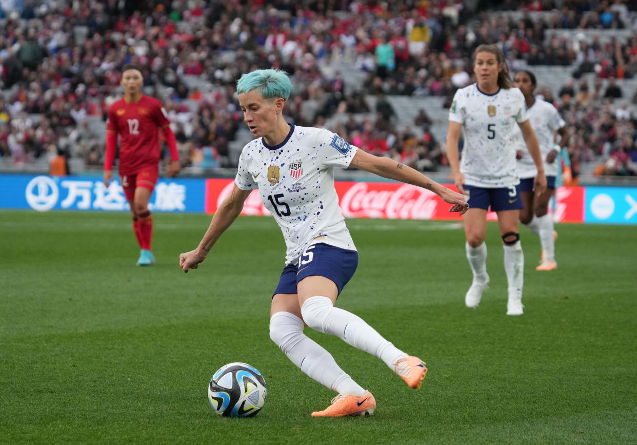 USWNT forward Megan Rapinoe controls the ball against Vietnam during their 2023 World Cup opener.