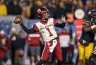 Nov 23, 2018; Morgantown, WV, USA; Oklahoma Sooners quarterback Kyler Murray (1) throws a pass during the third quarter against the West Virginia Mountaineers at Mountaineer Field at Milan Puskar Stadium. Mandatory Credit: Ben Queen-USA TODAY Sports
