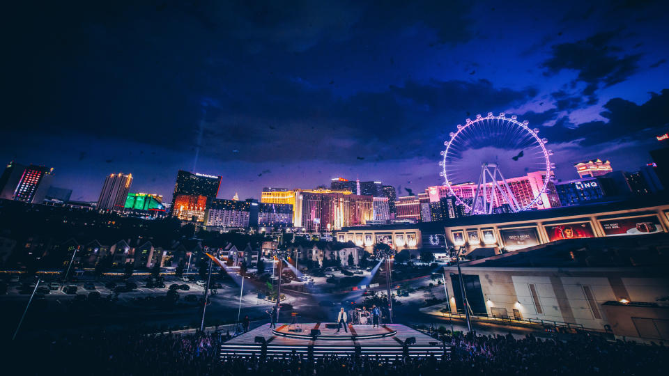 U2 performs in front of a life-like Vegas Strip inside the MSG Sphere.