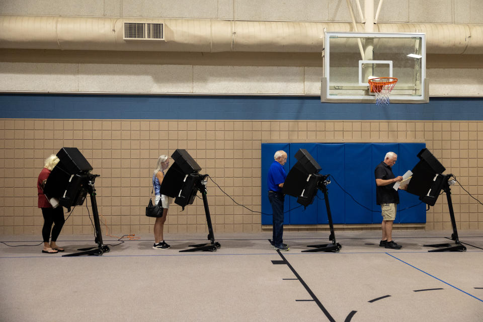 WICHITA, UNITED STATES - AUGUST 2: Voters cast their ballots at the Covenant Presbyterian Church in Wichita, Kansas on Tuesday August 2nd, 2022 as voters decide on a constitutional amendment regarding abortion. (Photo by Nathan Posner/Anadolu Agency via Getty Images)