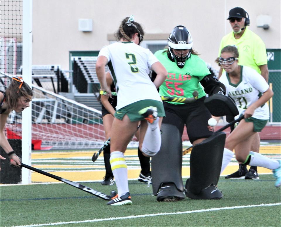 Lakeland goalie Celeste Pagliaroli makes one of her eight saves during the host Hornets' 3-1 win over Mamaroneck October 2, 2021 in Shrub Oak.