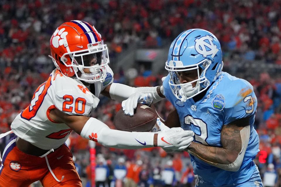 Dec 3, 2022; Charlotte, North Carolina, USA; Clemson Tigers cornerback Nate Wiggins (20) breaks up a pass intended for North Carolina Tar Heels wide receiver Antoine Green (3) in the second quarter at Bank of America Stadium. Mandatory Credit: Bob Donnan-USA TODAY Sports