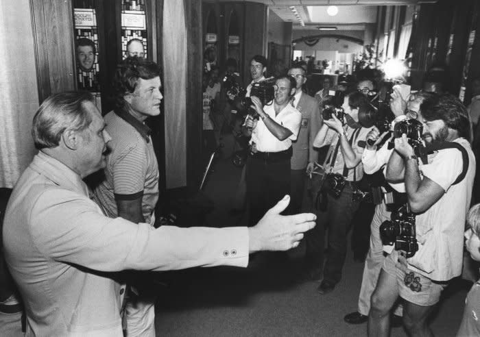 Sen. Edward M. Kennedy (2nd-L) takes a tour of the National Basketball Hall of Fame in Springfield, Mass. File Photo by Altman/UPI