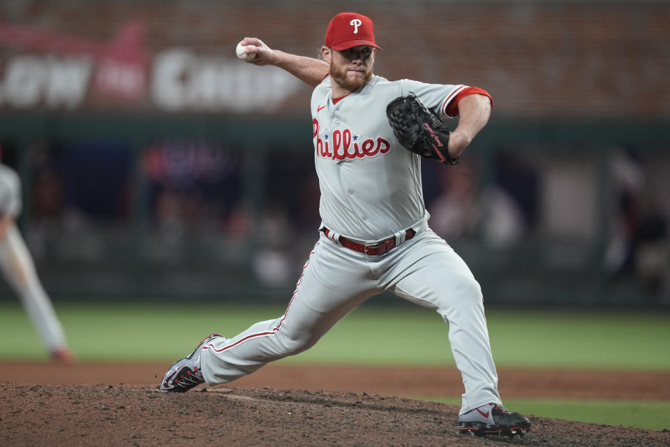 Philadelphia Phillies relief pitcher Craig Kimbrel delivers in the ninth inning of a baseball game against the Atlanta Braves, Friday, May 26, 2023, in Atlanta. Kimbrel celebrated his 400th career save. (AP Photo/Brynn Anderson)