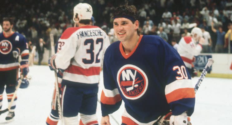 Kelly Hrudey holds the NHL record for saves in a playoff game with 73, trailing Sam LoPesti's regular-season record of 80. (Bruce Bennett/Getty Images)