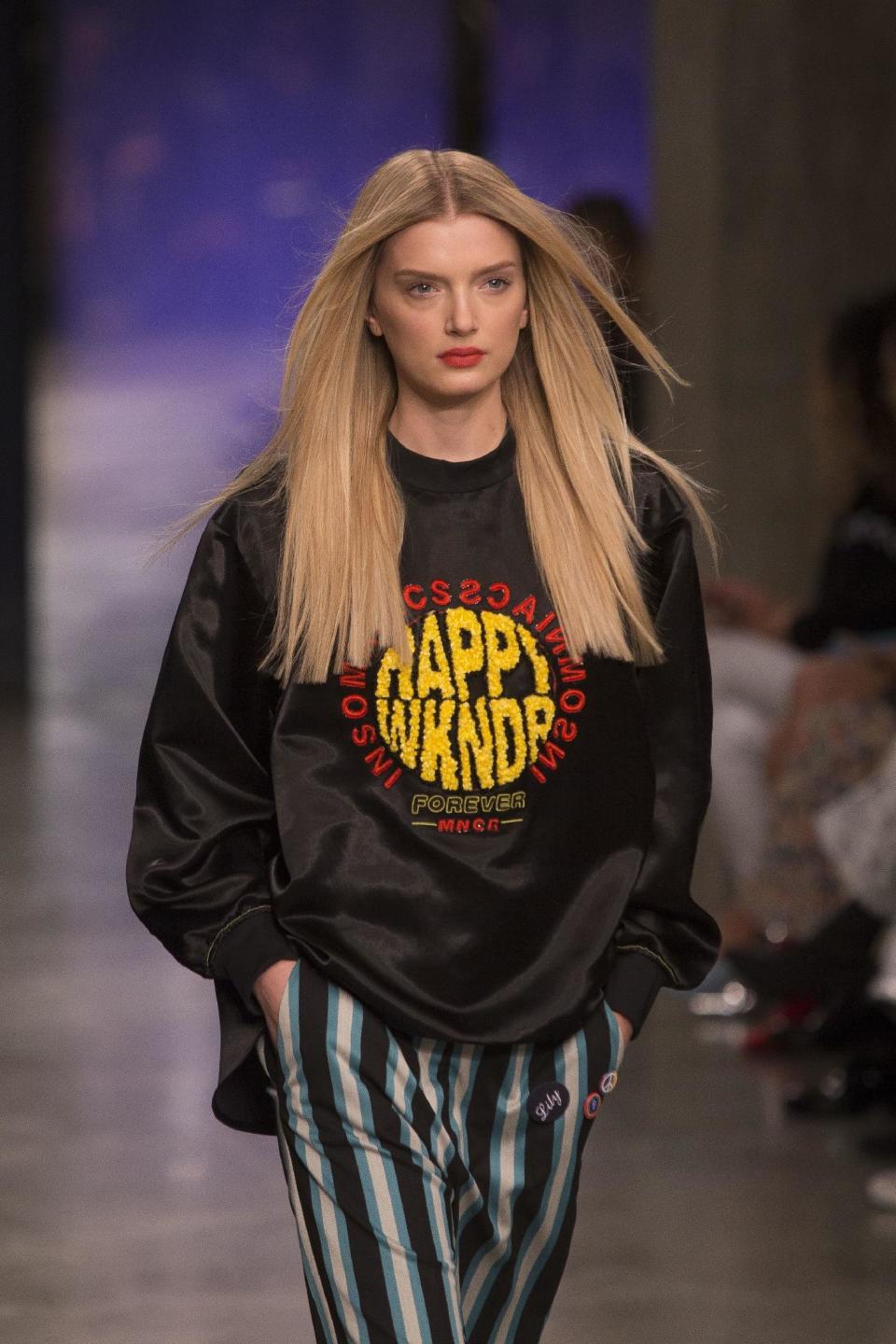 A model wears a creation by designer Topshop Unique during their Autumn/Winter 2017 show, as part of London Fashion Week, Sunday, Feb. 19, 2017. (Photo by Joel Ryan/Invision/AP)