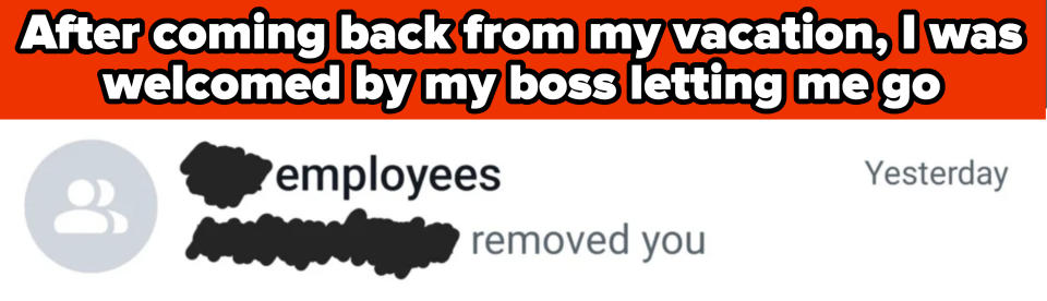 Notification from "employees" group showing "removed you" text. The top remarks reflect frustration and criticism towards a former employer after being replaced