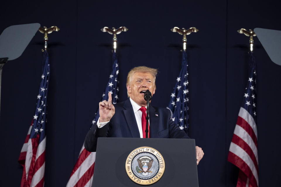 President Donald Trump speaks at Mount Rushmore National Memorial, Friday, July 3, 2020, near Keystone, S.D. (AP Photo/Alex Brandon)