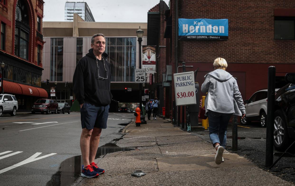 John DeCamillis, an attorney downtown, has been asking the city of Louisville to fix the public sidewalks near his building on Third Street. He's written numerous letters over the years, to no avail. Parts of the public sidewalk have tripping hazards, including the large bolted remains of a long-gone post. April 12, 2024