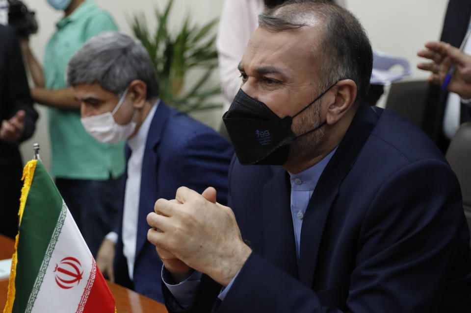 Iranian Foreign Minister Hossein Amirabdollahian speaks during a meeting with his Lebanese counterpart Abdullah Bou Habib, in Beirut, Lebanon, Thursday, Oct. 7, 2021. Amirabdollahian is in Beirut to meet with Lebanese officials. (AP Photo/Hussein Malla)