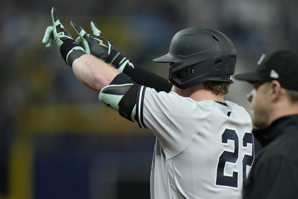 New York Yankees' Harrison Bader celebrates his two-run single off Tampa Bay Rays relief pitcher Kevin Kelly during the eighth inning of a baseball game Saturday, May 6, 2023, in St. Petersburg, Fla. (AP Photo/Chris O'Meara)