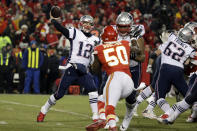 FILE - New England Patriots quarterback Tom Brady (12) throws a pass during the second half of the AFC Championship NFL football game against the Kansas City Chiefs on Jan. 20, 2019, in Kansas City, Mo. Brady, the seven-time Super Bowl winner with New England and Tampa Bay, announced his retirement from the NFL on Wednesday, Feb. 1, 2023 exactly one year after first saying his playing days were over. He leaves the NFL with more wins, yards passing and touchdowns than any other quarterback. (AP Photo/Elise Amendola, File)