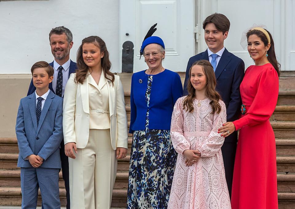 Crown Prince Frederik of Denmark, Crown Princess Mary of Denmark, Prince Christian of Denmark, Princess Isabella of Denmark, Princess Josephine of Denmark and Prince Vincent of Denmark during the confirmation of Princess Isabella of Denmark at on April 30, 2022 in Fredensborg, Denmark.