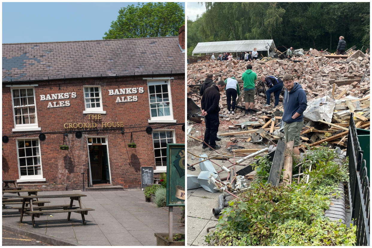 Left, the Crooked House pub before the fire and right, locals survey the scene of destruction on Tuesday. (PA)