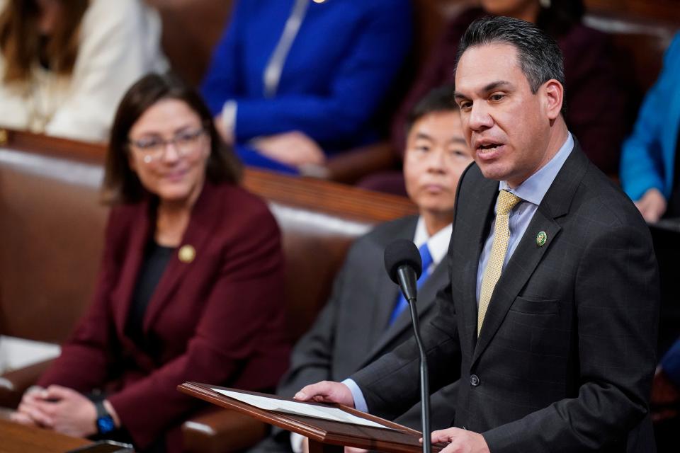 Rep. Pete Aguilar, D-Calif, nominates Rep. Hakeem Jeffries, D-N.Y., in the House chamber as the House meets for a second day to elect a speaker and convene the 118th Congress in Washington, Wednesday, Jan. 4, 2023. (Alex Brandon, AP)