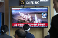 A TV screen shows a file image of North Korea's missiles launch during a news program at the Seoul Railway Station in Seoul, South Korea, Monday, April 22, 2024. North Korea fired multiple suspected short-range ballistic missiles toward its eastern waters on Monday, South Korea's military said, the latest in a recent series of weapons launches by the North. (AP Photo/Ahn Young-joon)