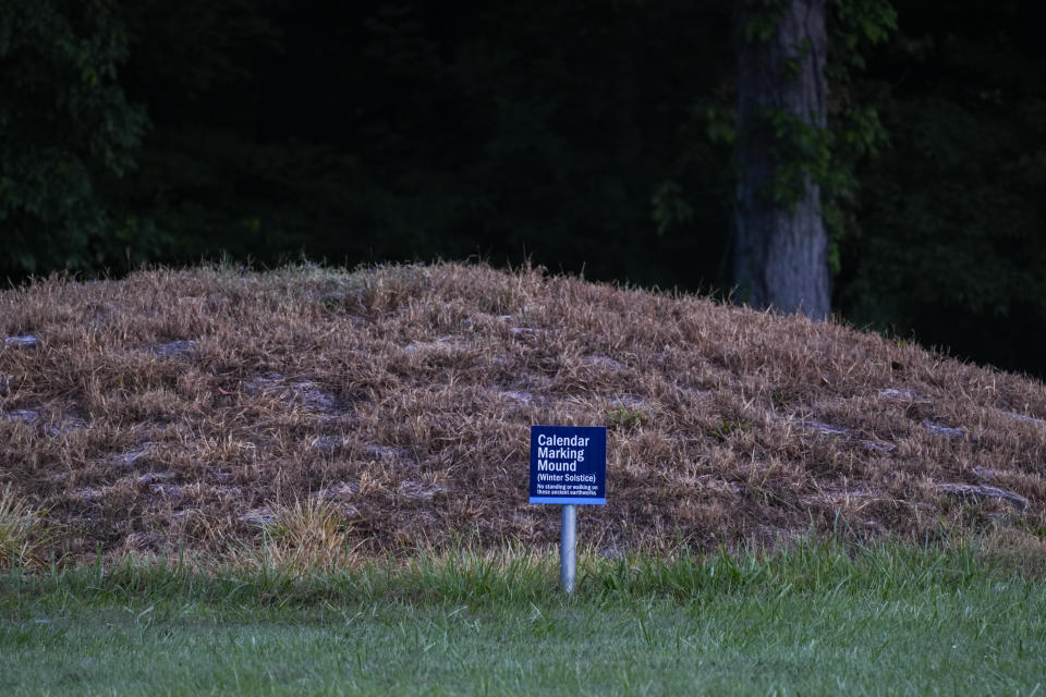 A calendar marking mound at Fort Ancient Earthworks, Tuesday, Sept. 19, 2023, in Oregonia, Ohio. Fort Ancient is part of a network of ancient American Indian ceremonial and burial mounds around Ohio that were added to the list of UNESCO World Heritage sites. (AP Photo/Joshua A. Bickel)