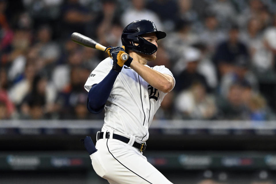 Detroit Tigers' Parker Meadows watches his single against Chicago Cubs starting pitcher Javier Assad in the sixth inning of a baseball game, Monday, Aug. 21, 2023, in Detroit. (AP Photo/Jose Juarez)