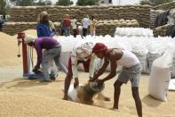 Remplissant des sacs de blé à Jandiala, dans la banlieue d'Amritsar, en Inde, le 17 avril 2022 (AFP/NARINDER NANU)