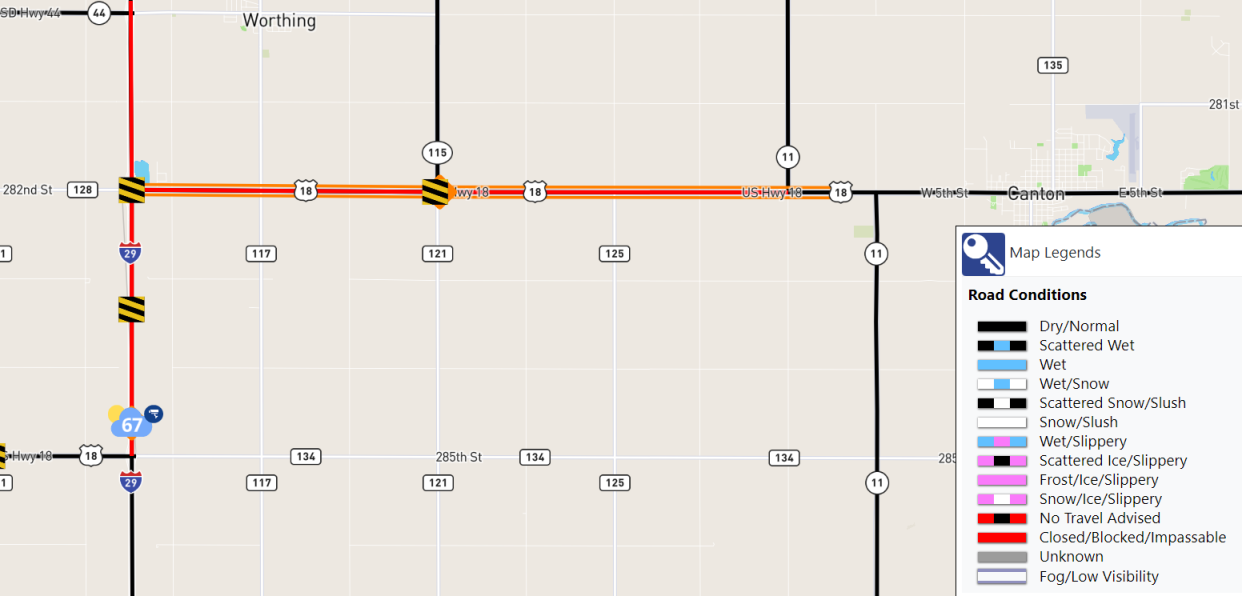 A road conditions map from South Dakota 511 shows the road closures near Canton and Worthing.