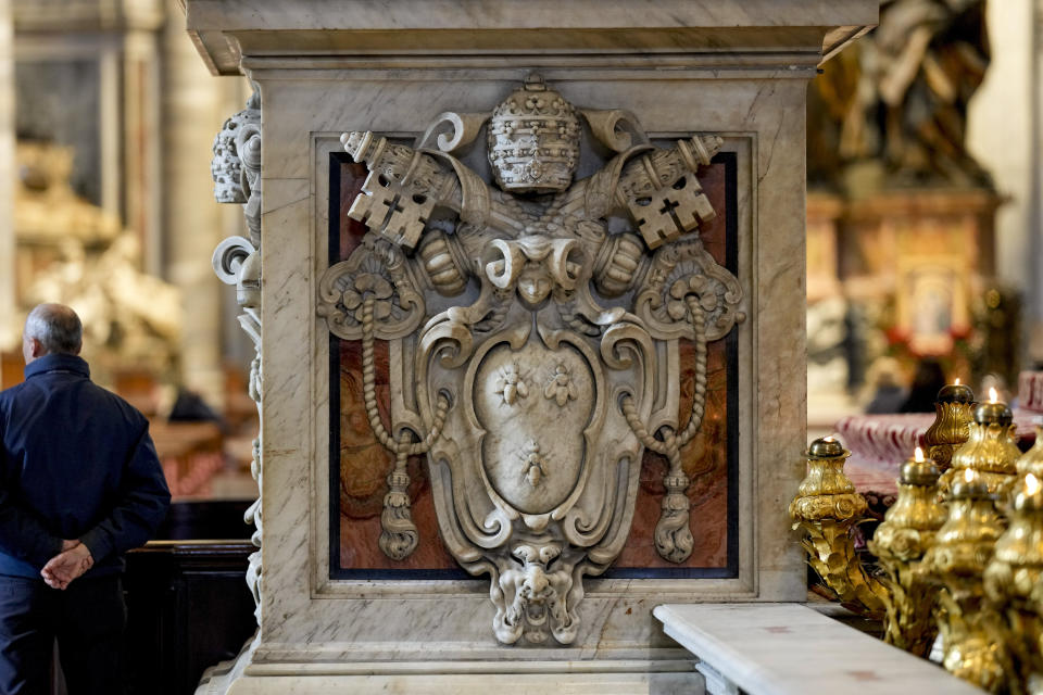 A view of the basement of a column of the 17th century, 95ft-tall bronze canopy by Giovan Lorenzo Bernini surmounting the papal Altar of the Confession in St. Peter's Basilica at the Vatican, Wednesday, Jan. 10, 2024. Vatican officials unveiled plans Thursday, Jan.11, for a year-long, 700,000 euro restoration of the monumental baldacchino, or canopy, of St. Peter's Basilica, pledging to complete the first comprehensive work on Bernini's masterpiece in 250 years before Pope Francis' big 2025 Jubilee. (AP Photo/Andrew Medichini)