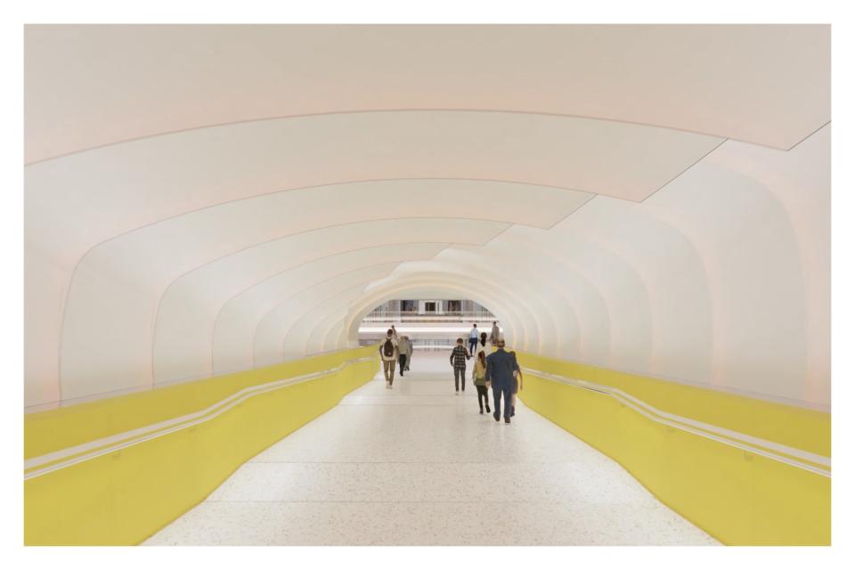 A digital rendering of the new tunnel being added at the Pittsburgh International Airport (PIT) to connect the landside and airside terminals. The roof of the tunnel will be fabric, changing colors with the time of day.