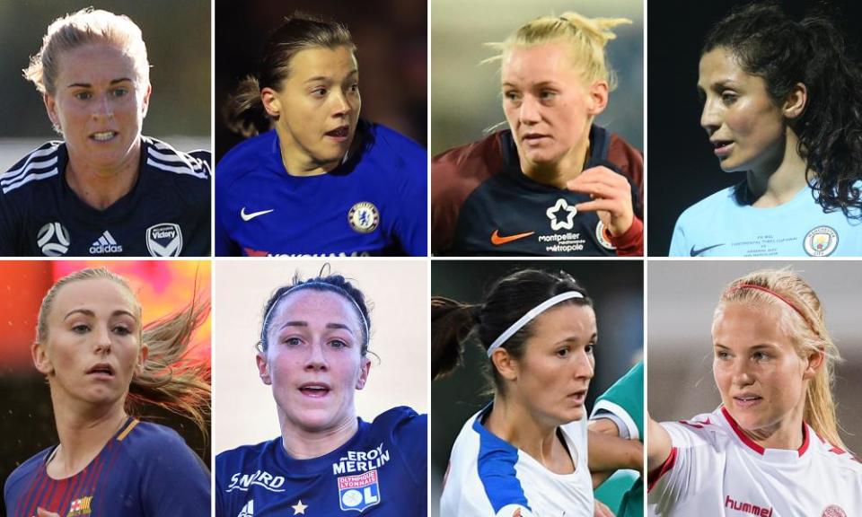 Top row, left to right: Natasha Dowie of Linkopings; Fran Kirby of Chelsea; Stina Blackstenius of Montpellier; and Nadia Nadim of Manchester City. Bottom row, from left: Toni Duggan of Barcelona; Lucy Bronze of Lyon; Eva Bartonova of Slavia Praha; and Pernille Harder of Wolfsburg.