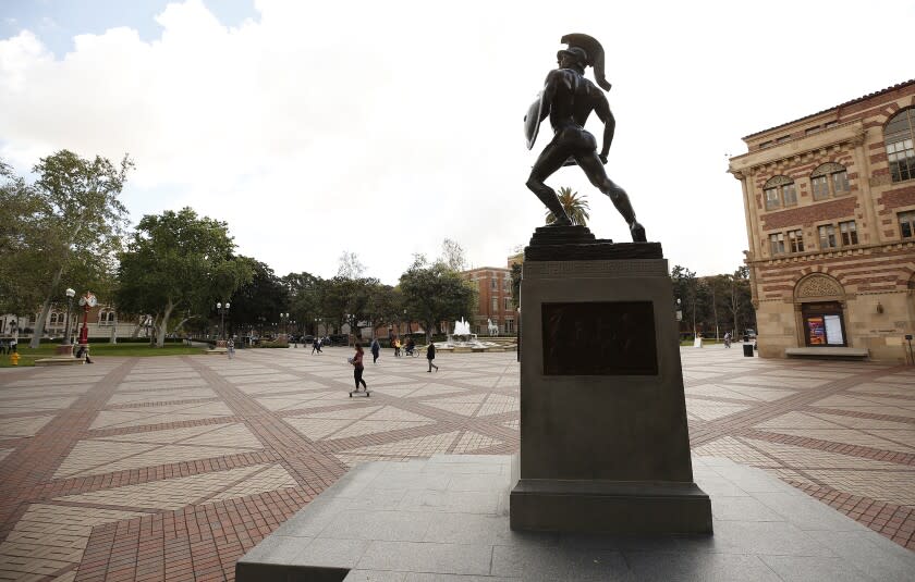 Tommy Trojan stands guard over a quiet University of Southern California USC campus near downtown Los Angeles