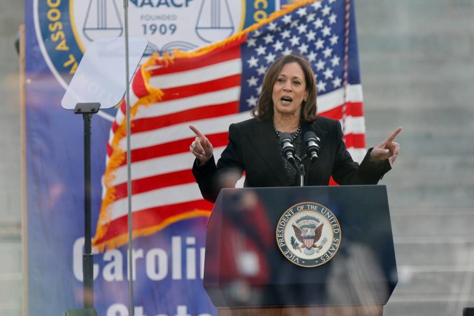 Vice President Kamala Harris speaks to a crowd gathered at the South Carolina State House on Monday Jan.15, 2024.