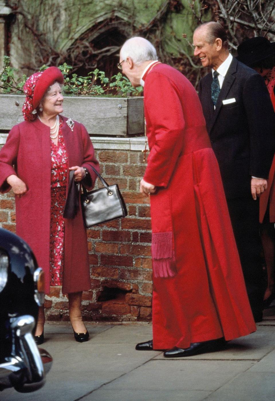 <p>The Queen Mother, the Dean of Windsor, and Prince Philip attending royal Easter service at St. George's Chapel on March 26, 1989. </p>