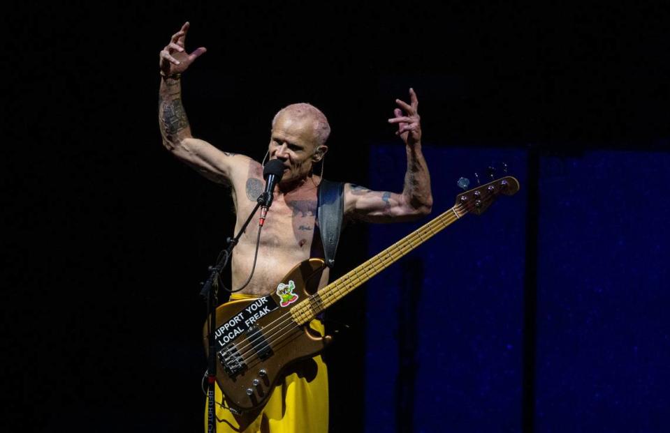 Red Hot Chili Peppers bassist Flea welcomes fans to the show at the Toyota Amphitheatre near Wheatland on Sunday, June 2, 2024.