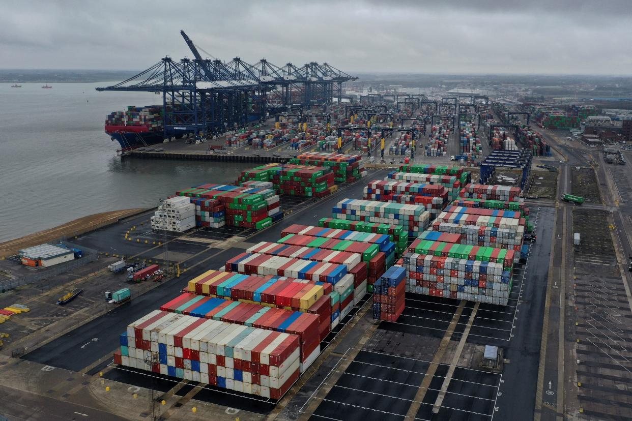 Shipping containers are seen in the Port of Felixstowe, east of London on March 4, 2021. - Britain's Chancellor of the Exchequer Rishi Sunak announced in his annual budget on March 3, 2021, that the ports of Felixstowe and Harwich were to be locations for new 'Freeports'. (Photo by BEN STANSALL / AFP) (Photo by BEN STANSALL/AFP via Getty Images)