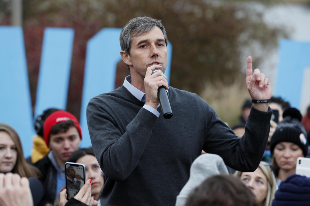 FILE - In this Nov. 1, 2019, file photo Democratic presidential candidate Beto O'Rourke speaks to supporters before the Iowa Democratic Party's Liberty and Justice Celebration in Des Moines, Iowa. (AP Photo/Charlie Neibergall, File)