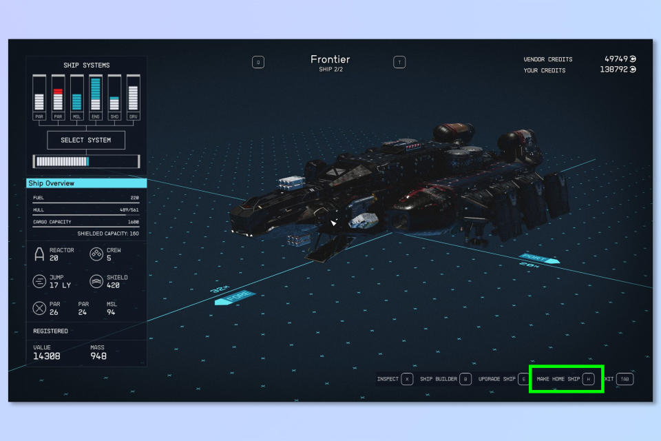 A screenshot showing how to sell a ship in Starfield