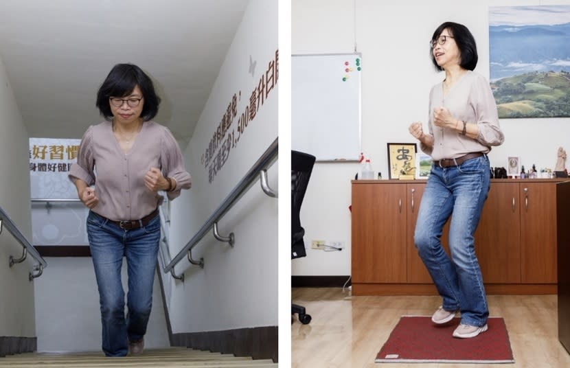 國健署副署長賈淑麗上班時把握時間走樓梯及超慢跑。圖片來源 / 陳弘璋攝