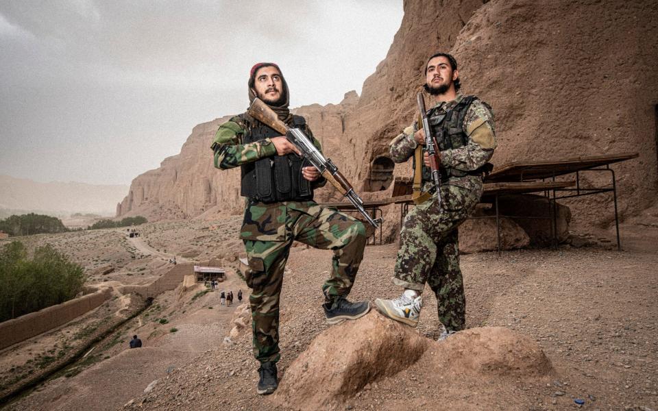 Taliban guards at the site of the Bamiyan Buddhas