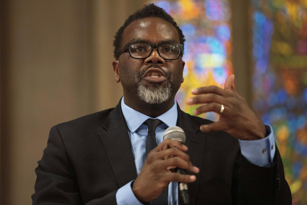 FILE - Cook County Commissioner Brandon Johnson participates in a forum with other Chicago mayoral candidates hosted by the Chicago Women Take Action Alliance Saturday, Jan. 14, 2023, at the Chicago Temple in Chicago. Johnson is endorsed by the Chicago Teachers Union, a group that has tangled with Chicago mayor Lori Lightfoot, including during an 11-day teachers strike during her first year in office. (AP Photo/Erin Hooley, File)