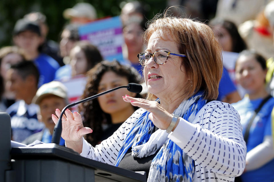 FILE - In this May 20, 2019, photo, state Sen. Maria Elena Durazo, D-Los Angeles, addresses a gathering in Sacramento, Calif. Durazo, D-Los Angeles, introduced a bill to bolster eviction protections for renters and close a loophole in an existing law that allowed landlords to circumvent the state's rent cap. (AP Photo/Rich Pedroncelli, File)