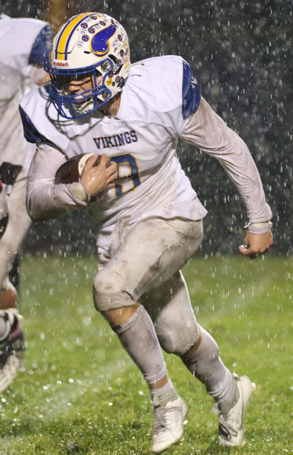 Eli Quasebarth rushes the football during the IHSAA football game against the West Central Trojans on Oct. 13, 2023 at West Central High School in Francesville, Ind. North White defeated West Central, 20-18.