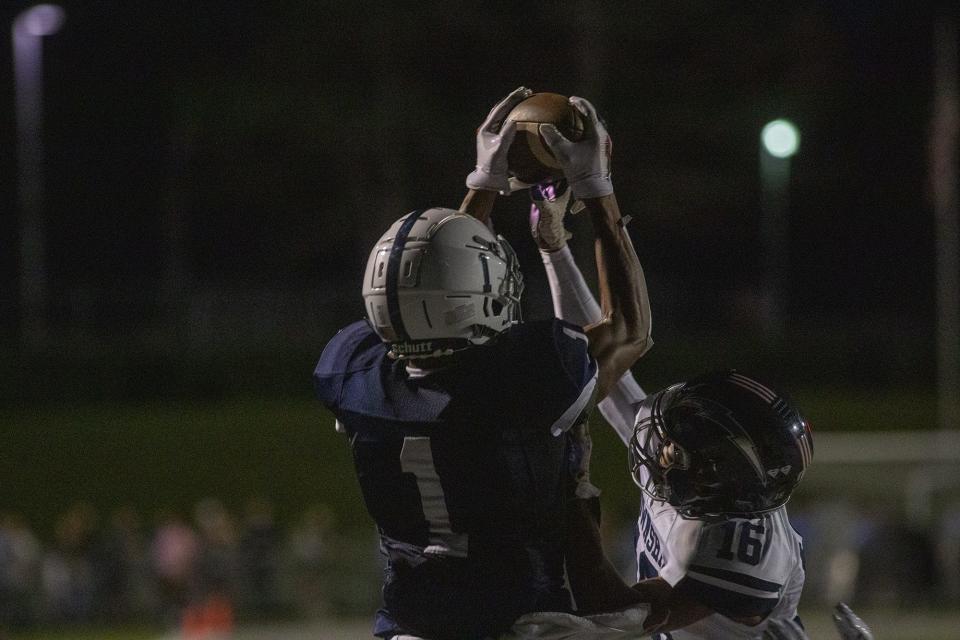 Dallastown's Kenny Johnson makes a touchdown catch in the end zone. Dallastown Area High School defeats Manheim Township High School 41-38 in football in Dallastown, Friday, September 3, 2021.