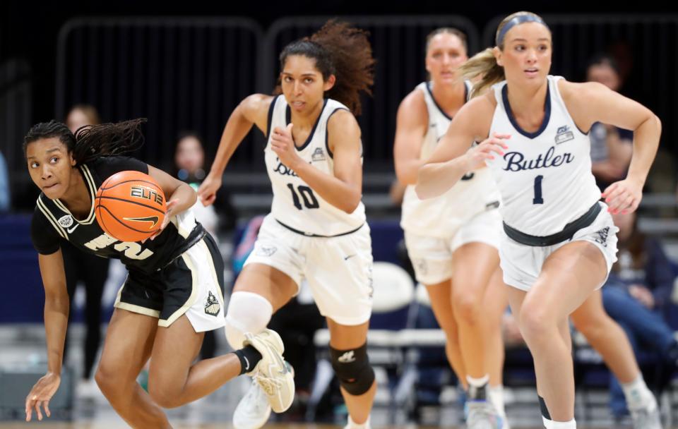 Purdue Boilermakers guard Rashunda Jones (2) drives to the basket on a breakaway during NCAA WNIT Basketball Tournament game against the Butler Bulldogs, Monday, March 25, 2024, at Hinkle Fieldhouse in Indianapolis. Purdue Boilermakers won 62-51.