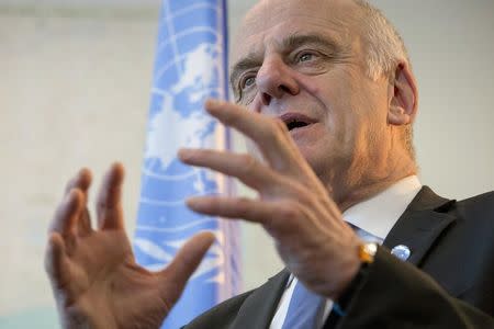 U.N. special envoy on Ebola Dr. David Nabarro speaks during an interview at the United Nations Headquarters in New York January 15, 2015. REUTERS/Brendan McDermid